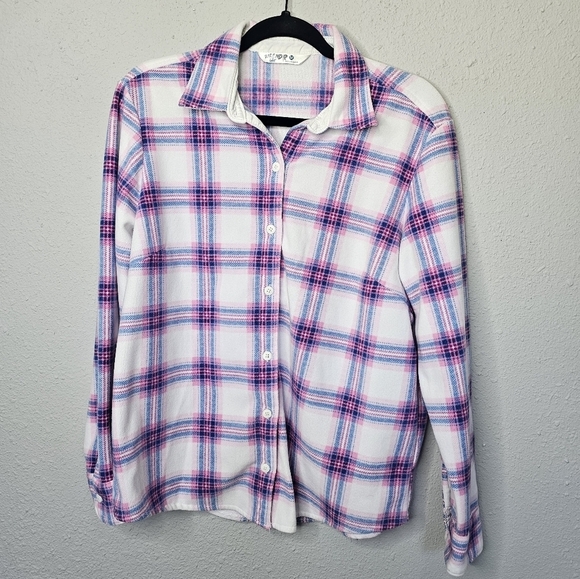 Riders by Lee Tops - Lee Riders Flannel Shirt Womens Medium Fleece White Pink Blue Plaid Warm Cozy